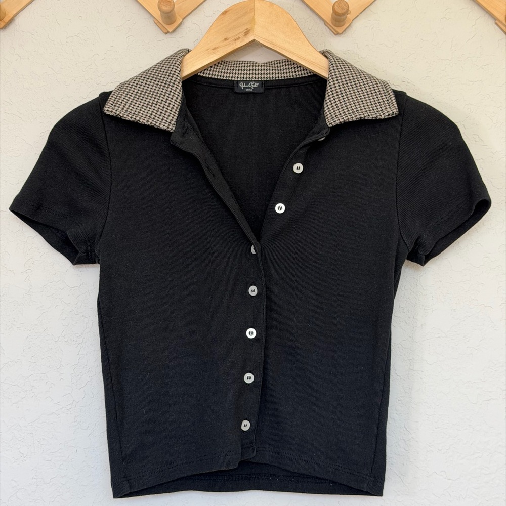 John Galt/Brandy Melville Caroline Polo Crop Top with Houndstooth Collar Size S